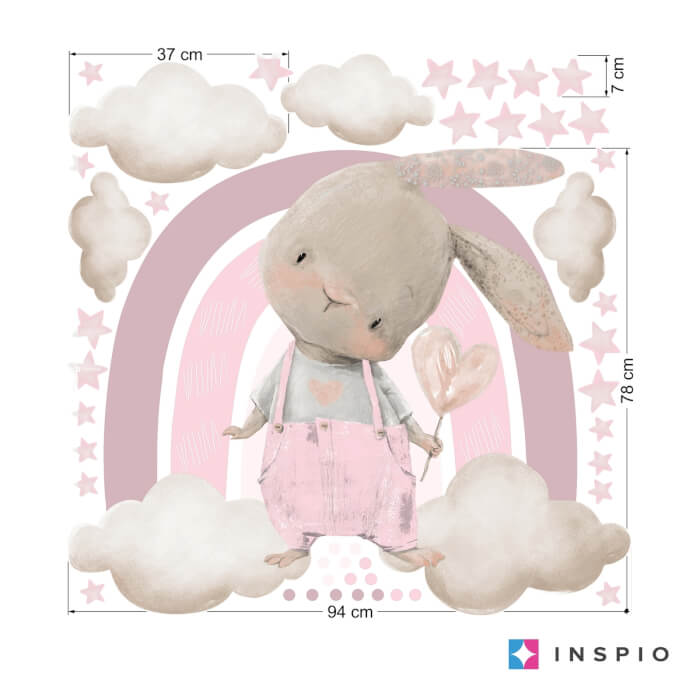 Sticker Amovible Au Dessus Du Lit Pour Petite Fille - Lapin Avec Un Arc-en-ciel Rose