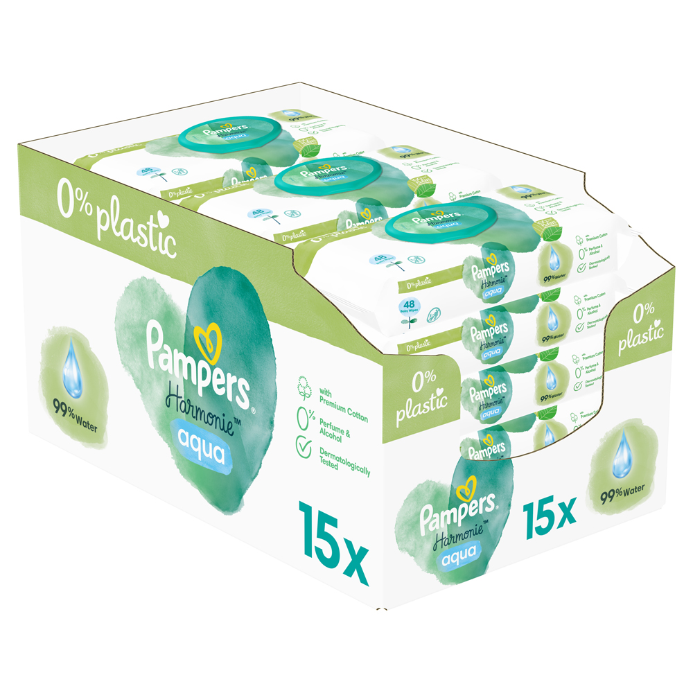 PAMPERS Harmonie Aqua Vochtige Doekjes Plastic Gratis 15x48 St = 720 St