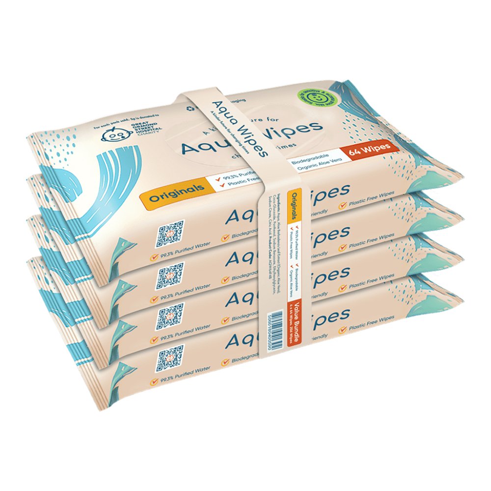 AQUA WIPES BIO Aloe Vera 100% Rozložitelné Ubrousky, 99% Vody, 4x64 Ks = 256ks