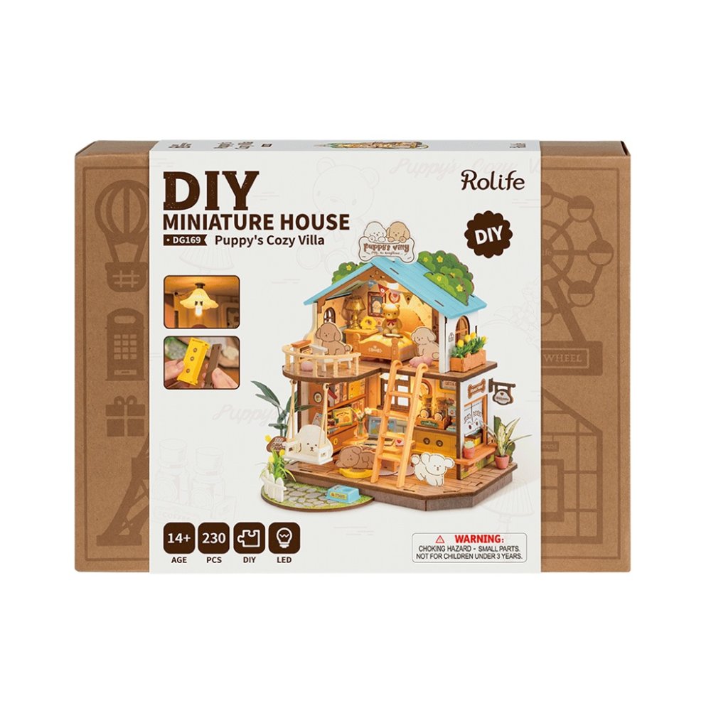 RoboTime 3D dřevěná skládačka Miniatura domečku Domeček pro štěňátka (obrázek 8)