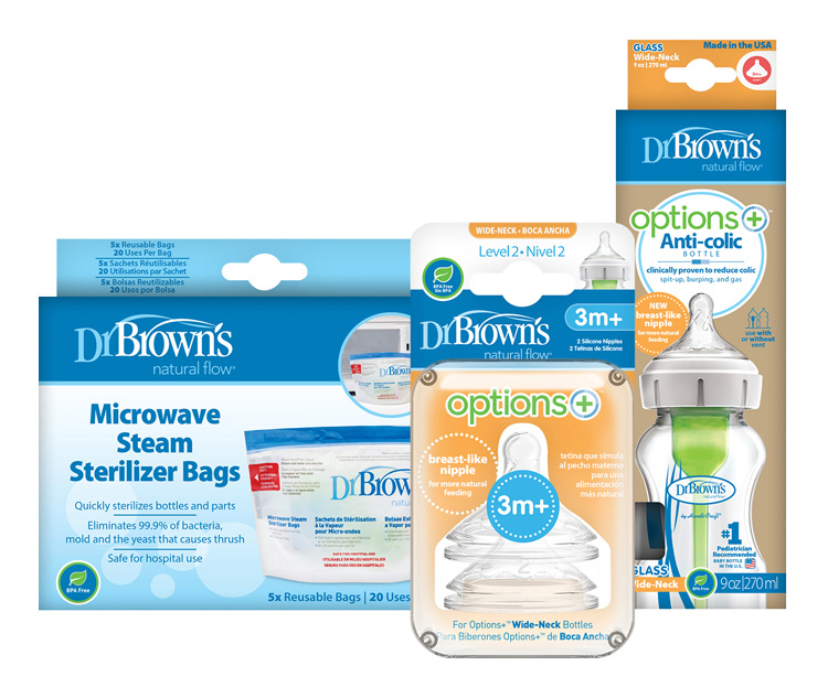 DR.BROWN’S Babyflasche Glas 270ml +Sauger für Flasche Level-2 2Stk +Beutel zur Sterilisation von Flaschen 5Stk