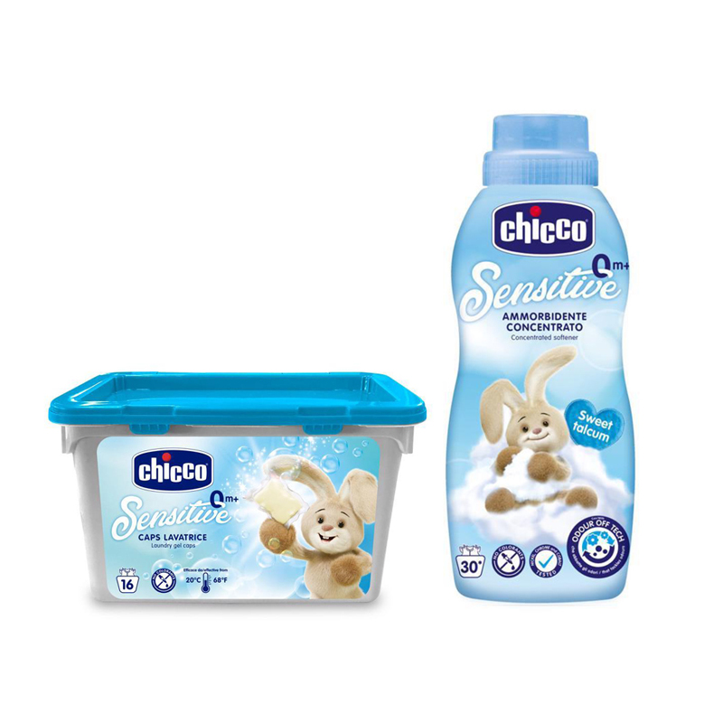 CHICCO Tvättgelkapslar Sensitive 16 St + Sköljmedel Konc. Sweet Powder 750 Ml