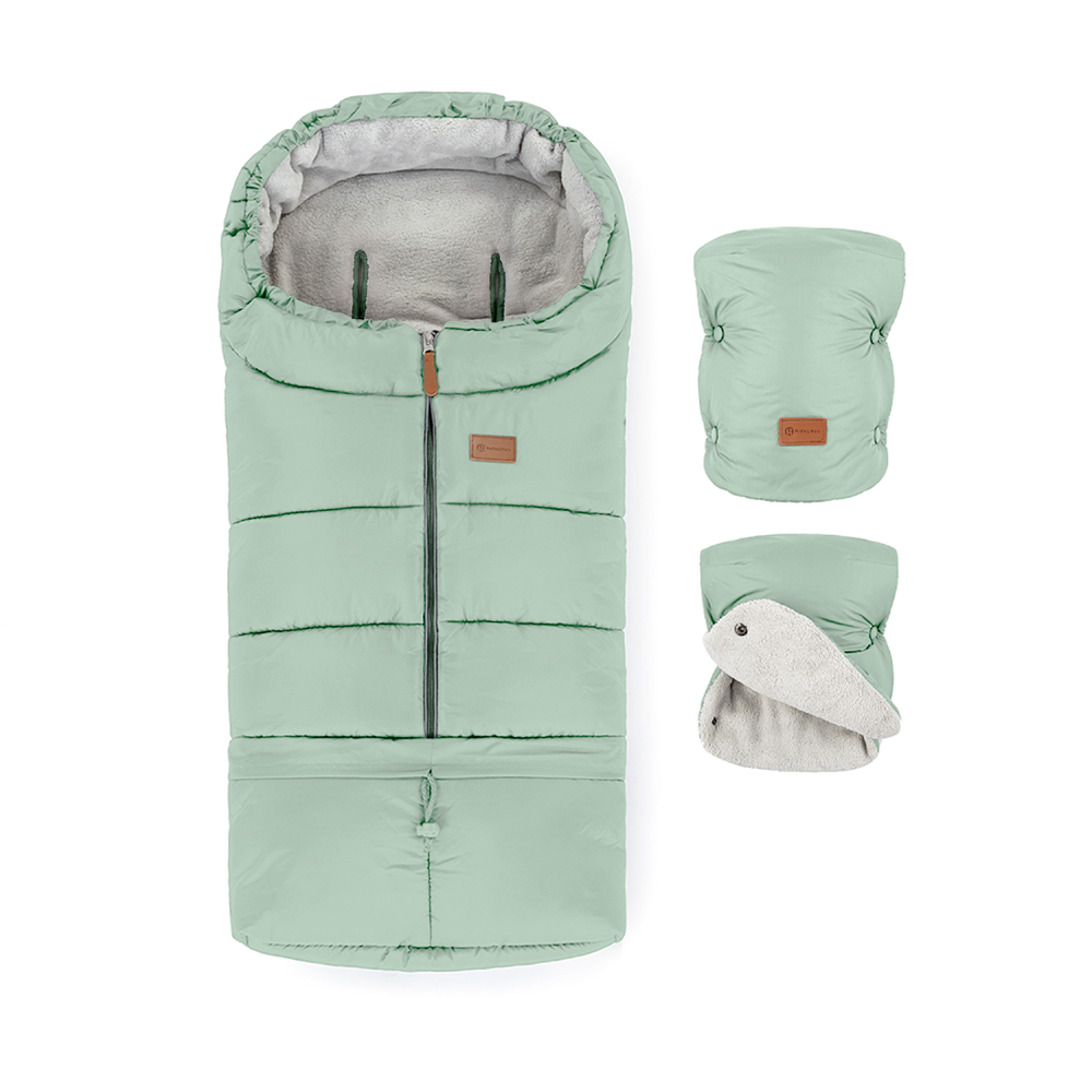 PETITE&MARS Zestaw zimowy śpiworek Jibot 3w1 + rękawice do wózka Jasie Pale Eucalypt