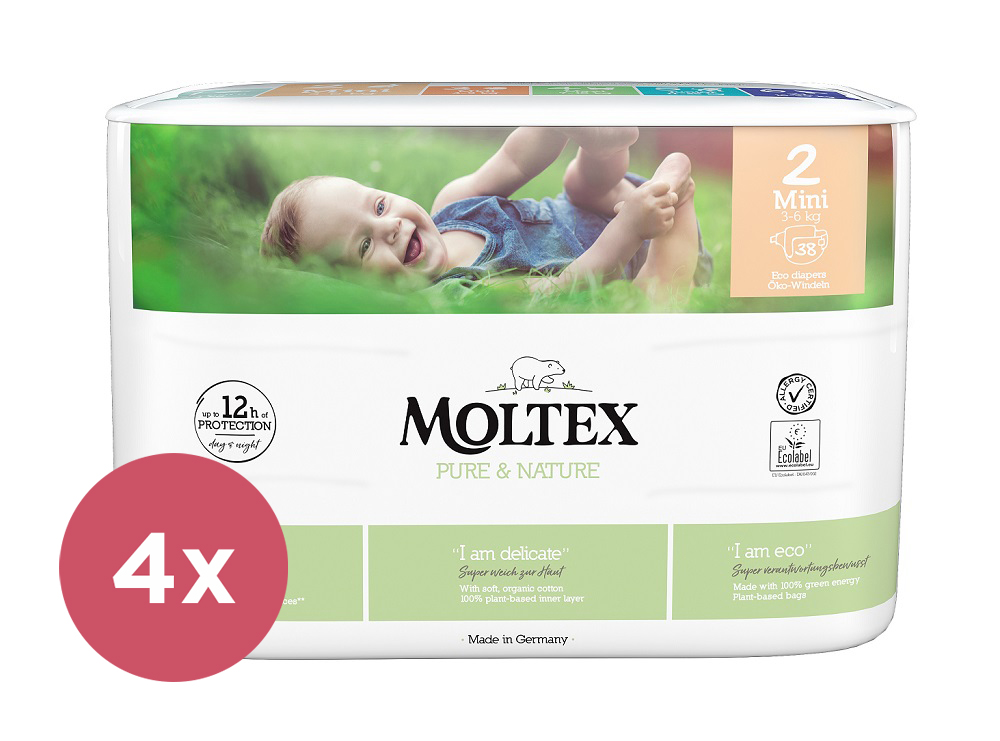 4x MOLTEX Pure & Nature Wegwerfwindeln 2 Mini (3-6 Kg) 38 Stück - SPARPAKET