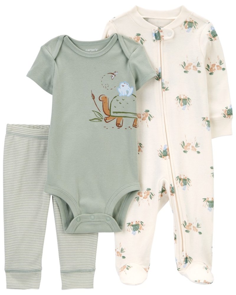Completo tuta 3 pezzi CARTER'S, body, corto manica, pantaloni della tuta Olive Turtle bambino taglia 6m. 68
