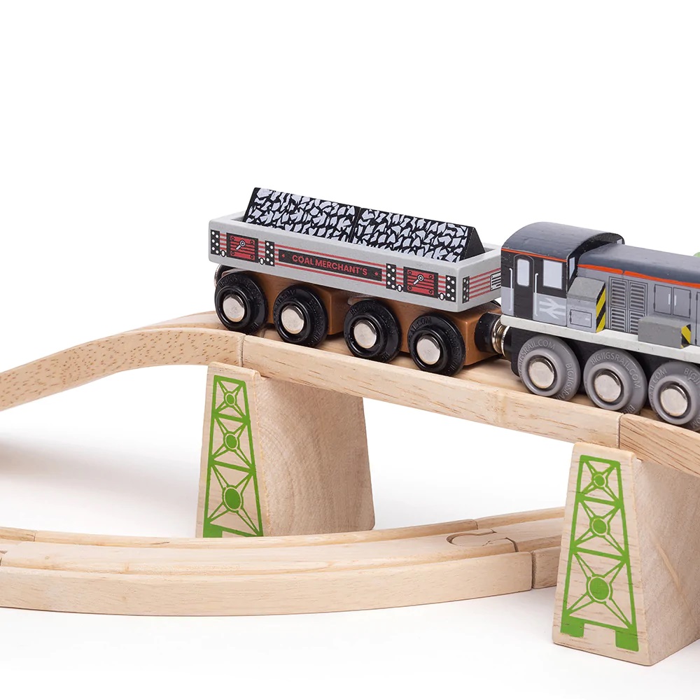 Bigjigs Rail Długi wagon z węglem + 2 tory - obrazek 3