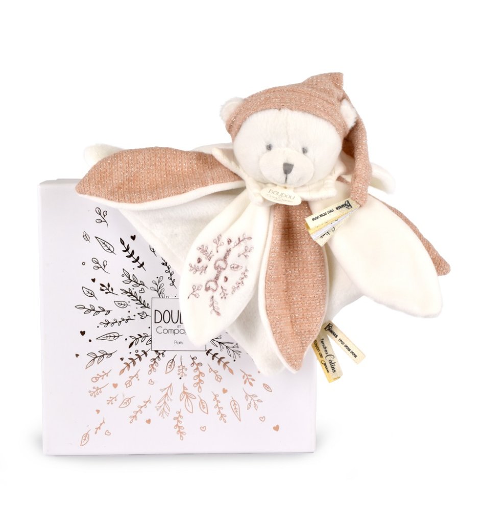 Doudou Zestaw upominkowy Pluszowy otulacz miś z czapeczką 25 cm różowy