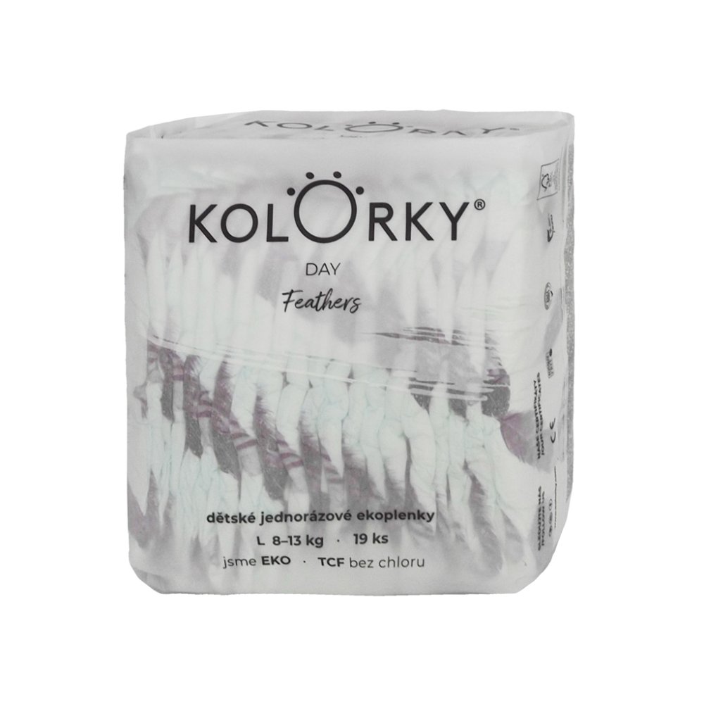 KOLORKY DAY Couches Jetables Eco, Plumes L (8-13 Kg) 152 Pcs - STOCK MENSUEL