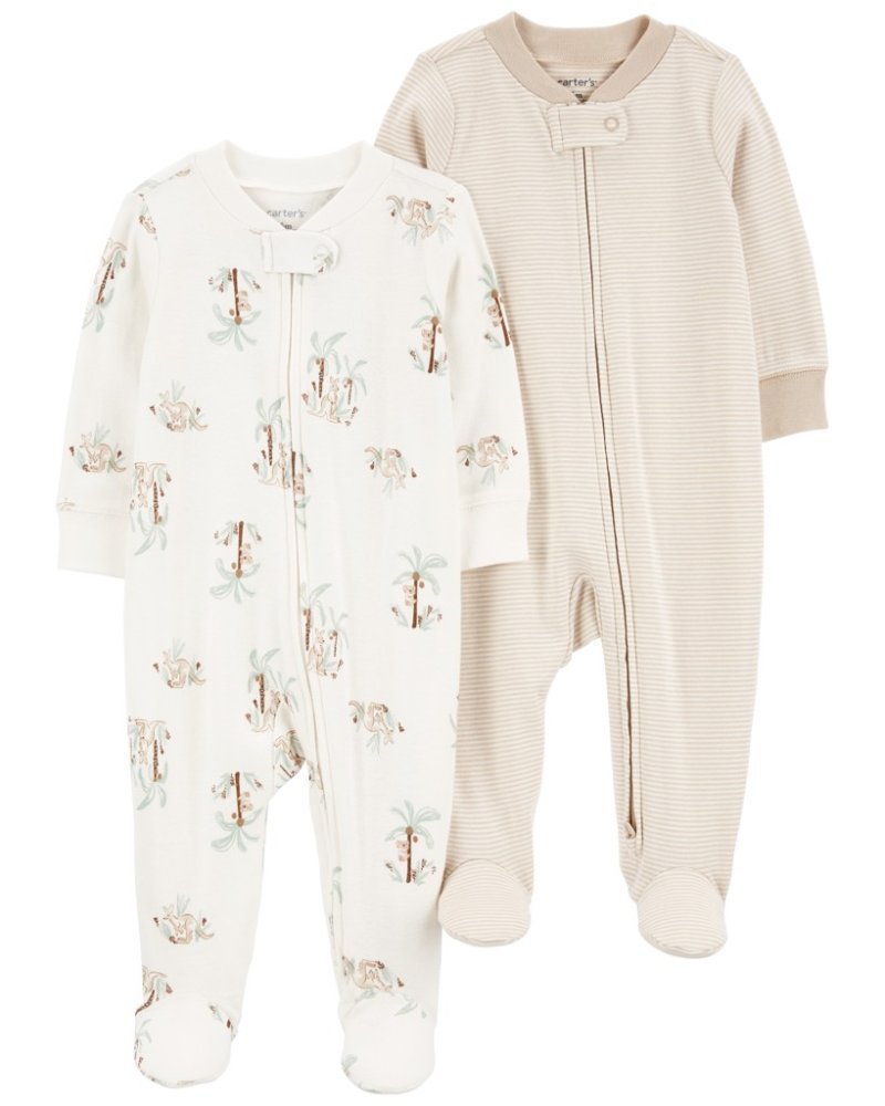 Tuta con cerniera Sleep&Play di CARTER, color cachi, con palme e righe, neutra, 2 pezzi, taglia 6 mesi. 68