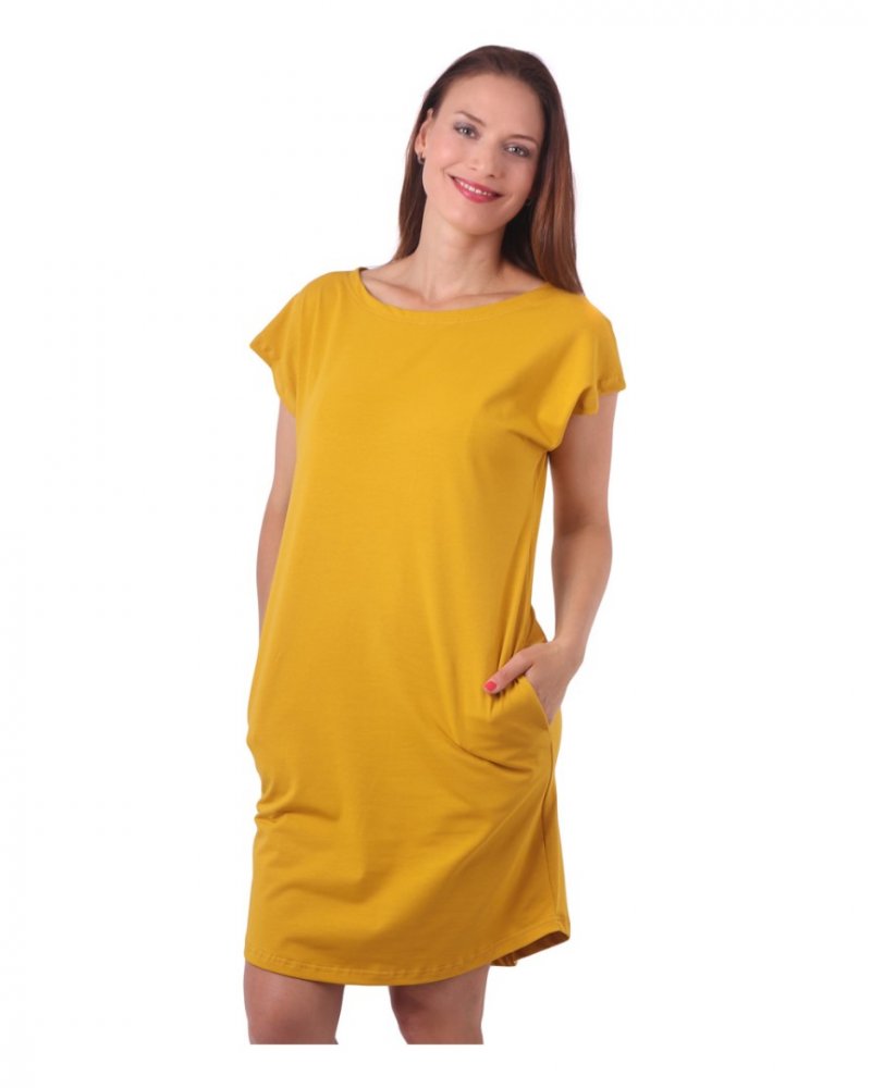 Damen Zoe Kleid mit Taschen, lose Passform, senf M/L