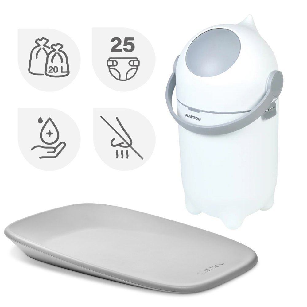 NATTOU Koš na pleny Dropy a přebalovací podložka Softy White/Grey 50×70 cm