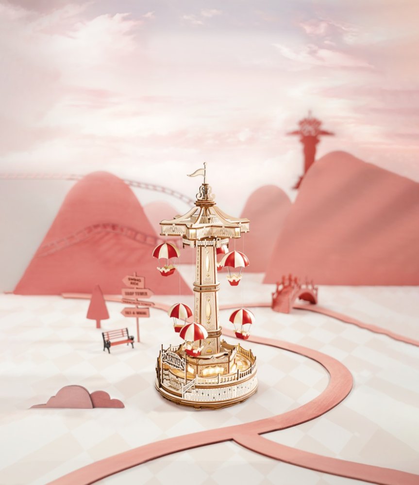 RoboTime Puzzle 3D en bois Boîte à musique Carrousel avec parachutes – Image 5