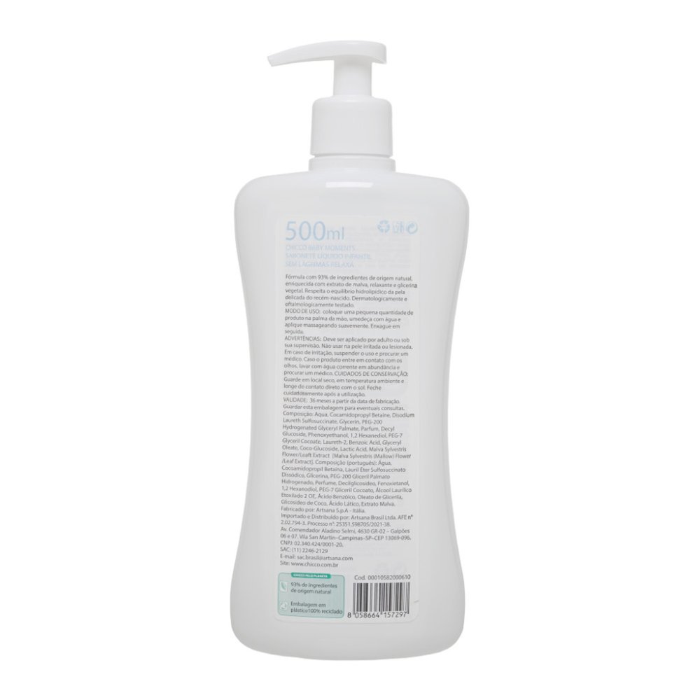 CHICCO Körpershampoo Mit Spender Baby Moments Relax 93 % Natürliche Inhaltsstoffe 500 Ml