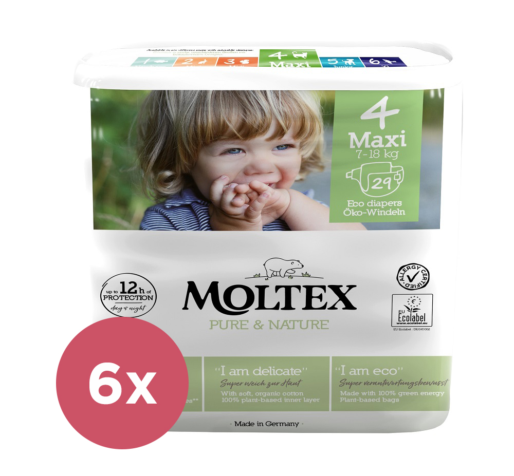 6x MOLTEX Pure&Nature Wegwerpluiers 4 Maxi (7-18 Kg) 29 STUKS - ECONOMY PACK