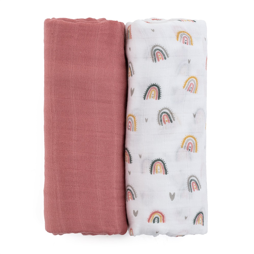 PETITE&MARS Bambus-Musselin-Decke 2 Stk. Misty Rose Rainbow 2in1, 120 X 120 Cm