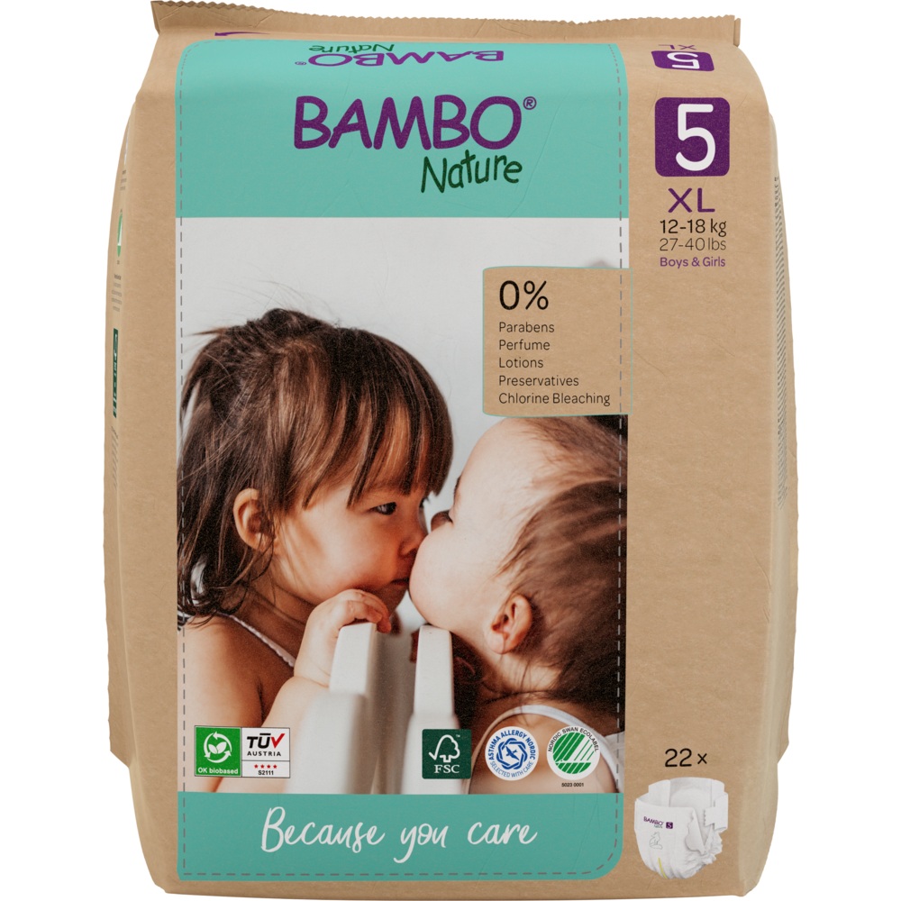 Couches jetables BAMBO Nature taille 5 (12-18 kg), 22 pièces, emballage en papier