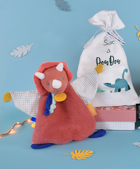 Doudou Dárková sada - Hračka s úchytem na dudlík dinosaurus růžový 23 cm (obrázek 3)