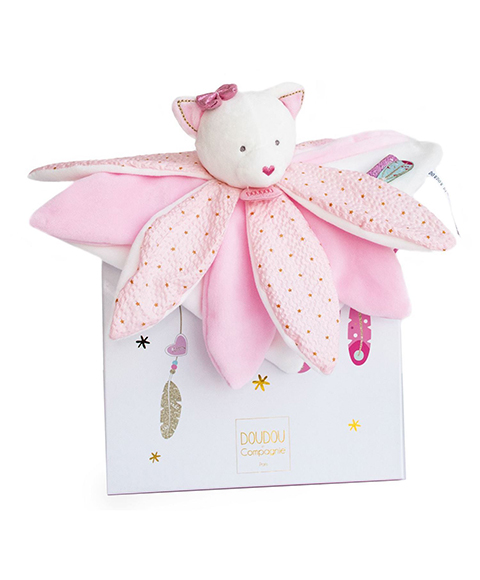 Doudou Dárková sada - plyšový muchláček růžová kočka 26 cm