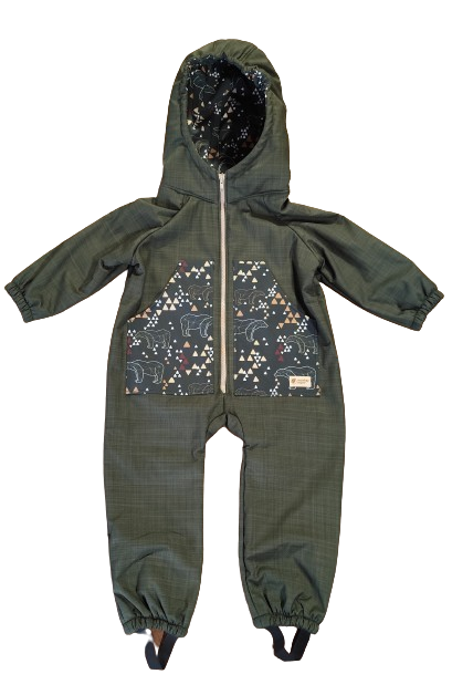 Monkey Mum® Softshell Baby Winteroverall Met Sherpa - Kaki Jager Met Een Beer - Maat 98/104, 110/116 110/116