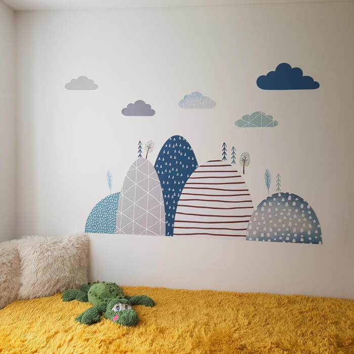 Vinilos Decorativos Azules - Colinas Y Nubes Para La Habitación Infantil De Los Niños