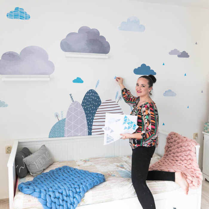 Vinilos Decorativos Azules - Colinas Y Nubes Para La Habitación Infantil De Los Niños