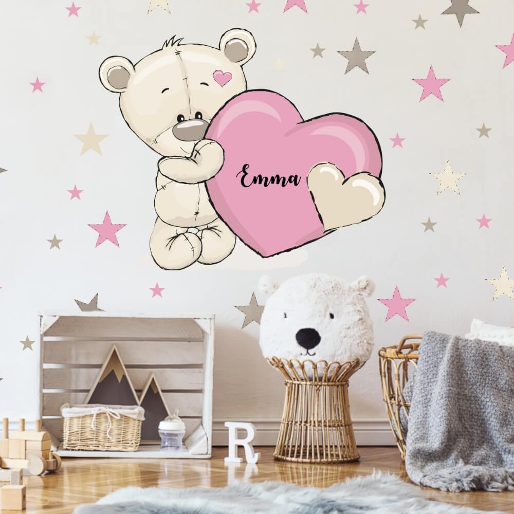 Autocollant pour chambre de fille - Ours en peluche avec un prénom et un coeur