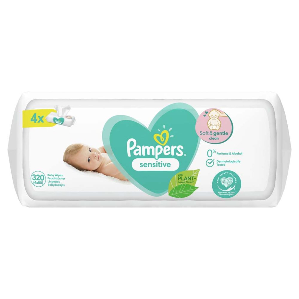 PAMPERS Sensitive Chusteczki Nawilżane, 4 Opakowania = 320 Szt