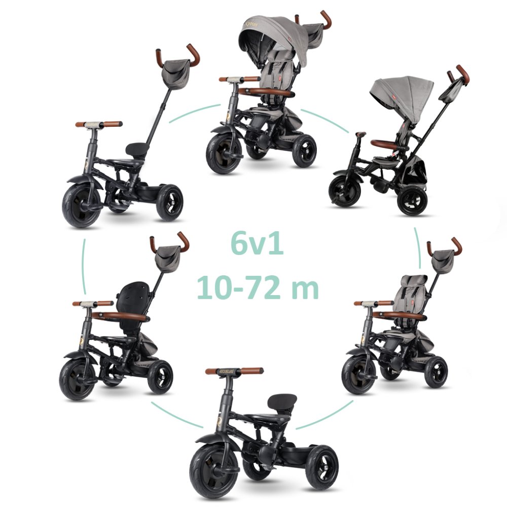 Tricycle QPLAY Rito Deluxe Grey, 6 en 1, âge 10-72 mois