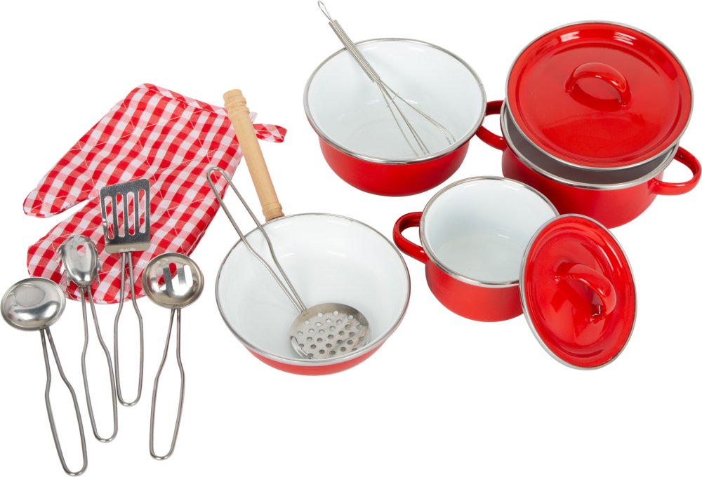 small foot Batería de cocina roja de metal para niños