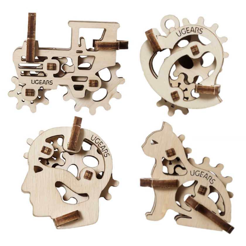 Ugears Puzle mecánico de madera 3D, 4 colgantes mecánicos, símbolos de personajes