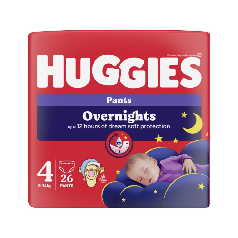 HUGGIES® Pieluchomajtki na noc Overnights Pants rozmiar 4 (9-14 kg), 26 sztuk