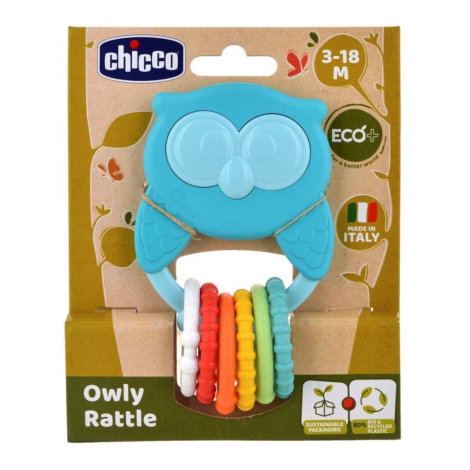 CHICCO Beißring Mit Rassel Mit Sensorischen Ringen Eco+ Owl Owly 3m+