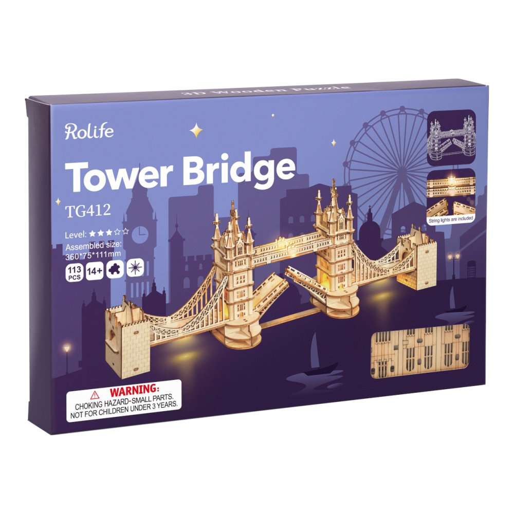 RoboTime 3D dřevěná mechanická skládačka Tower Bridge svítící (obrázek 8)