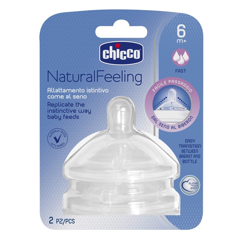 CHICCO Dudlík Na Láhev Natural Feeling Silikon Rychlý Průtok 6m+ 2 Ks