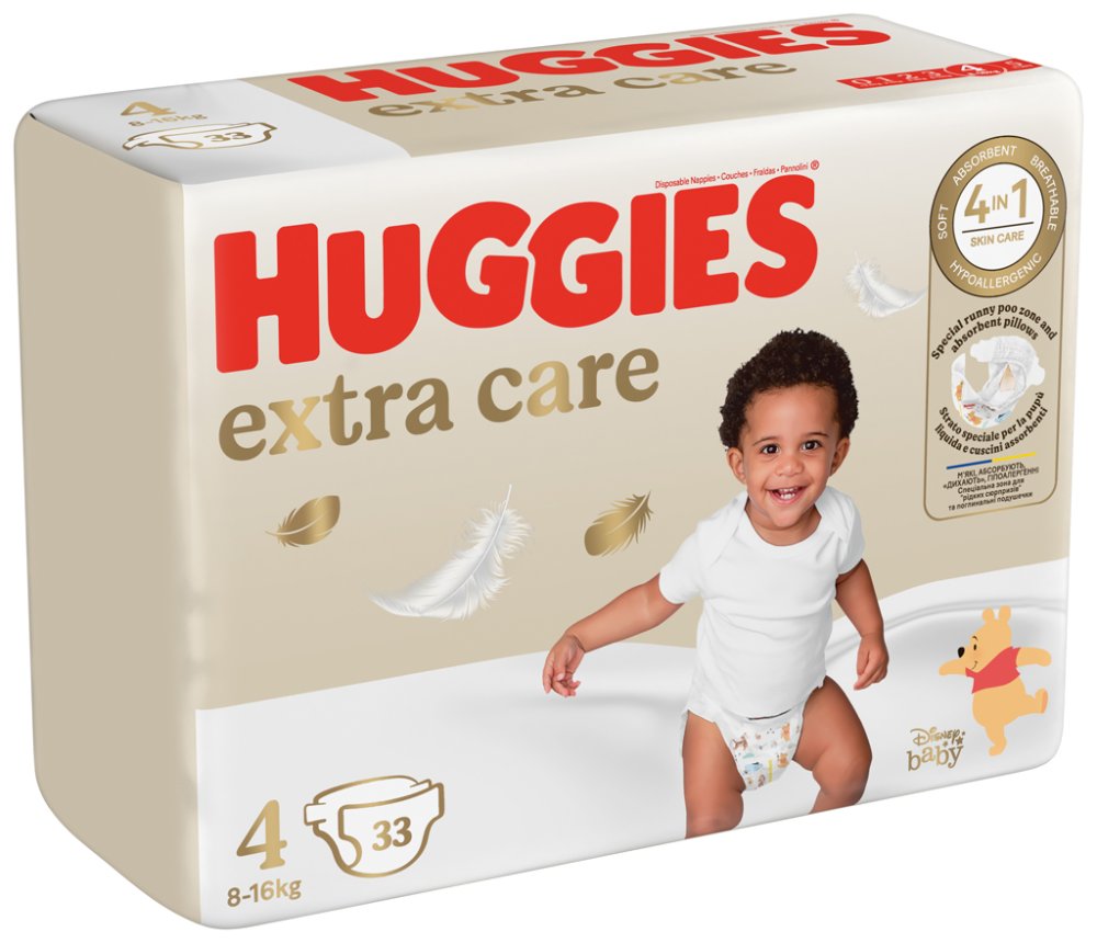 4x HUGGIES® Pleny Jednorázové Extra Care 4 (8-14 Kg) 33 Ks