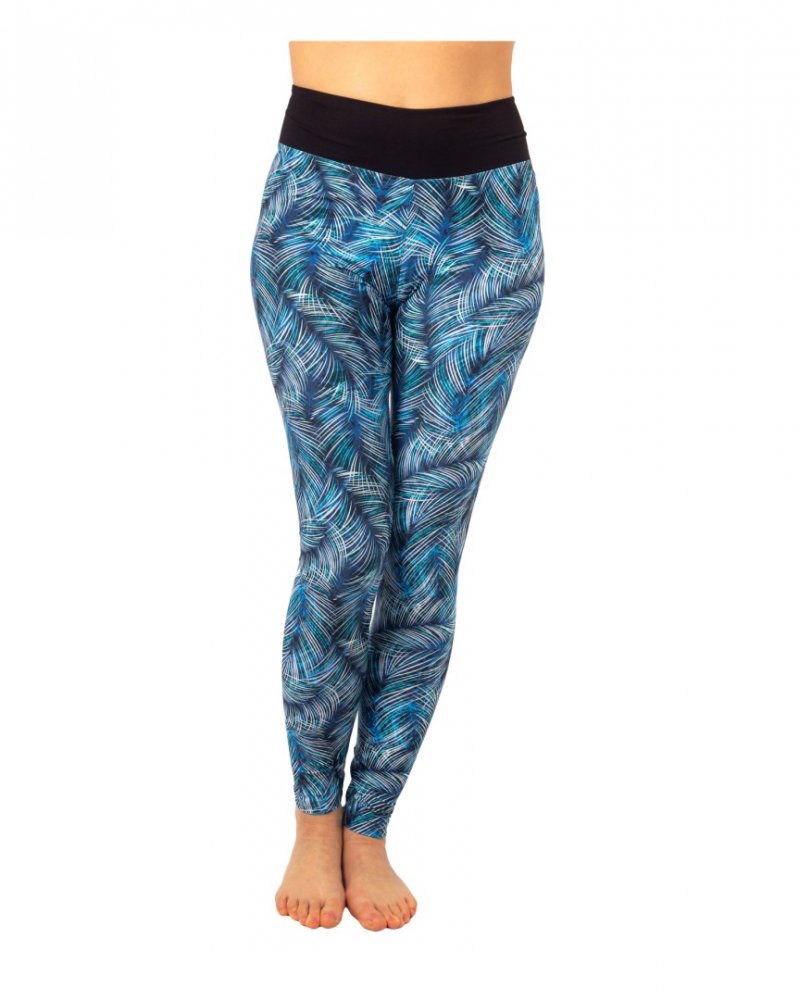 Leggings taille haute pour femmes, feuilles bleues L