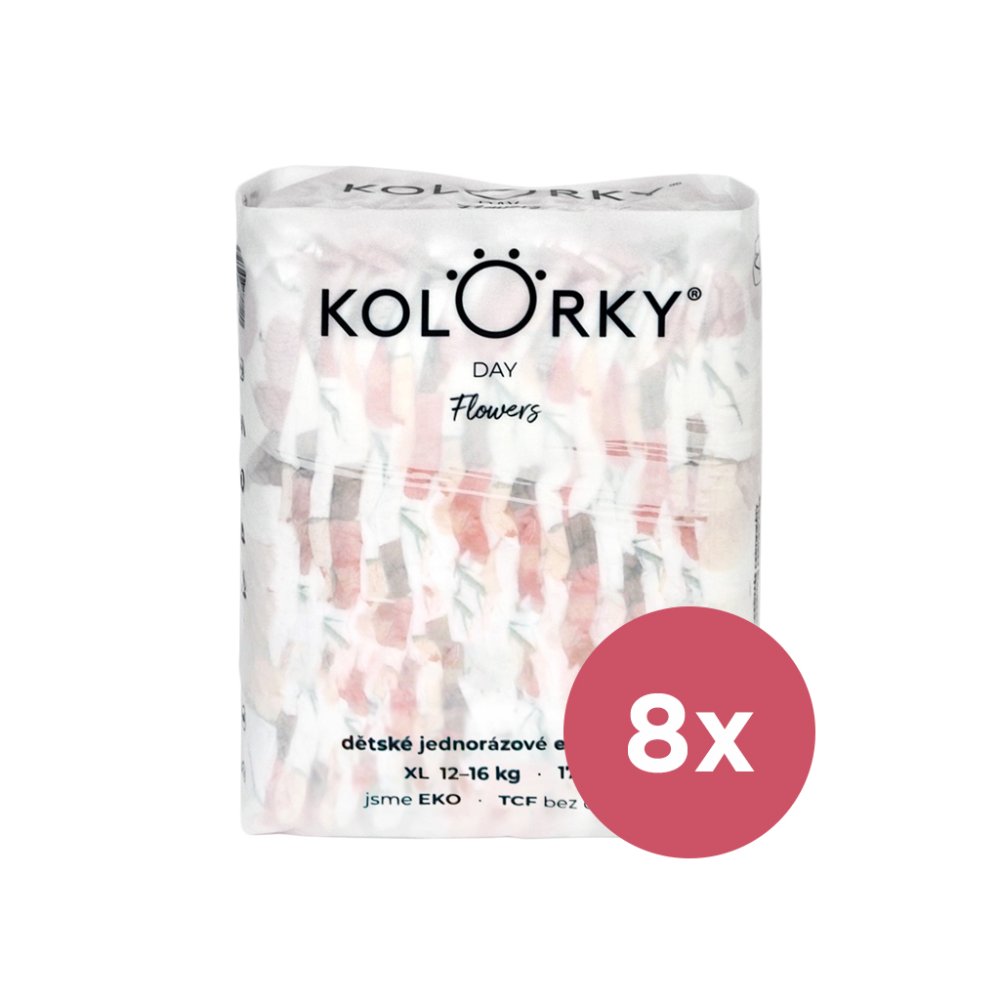 KOLORKY DAY Couches jetables écologiques, fleurs XL (12-16 kg) 136 pièces - APPROVISIONNEMENT MENSUEL