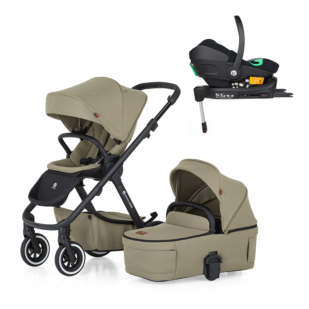 PETITE&MARS Poussette combinée ICON 2en1 Mossy Green LITE AIR + Core Pro i-Size Black Grey + Base