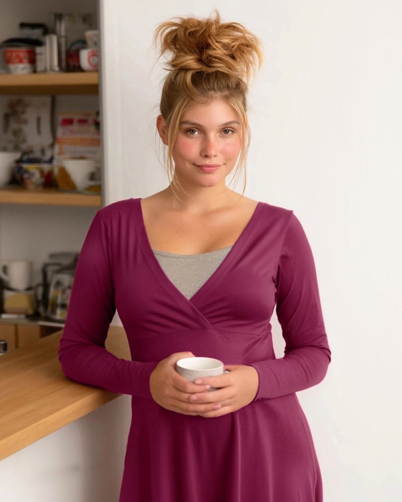 Chemise de nuit d'allaitement Eva, manches longues, cyclamen L/XL