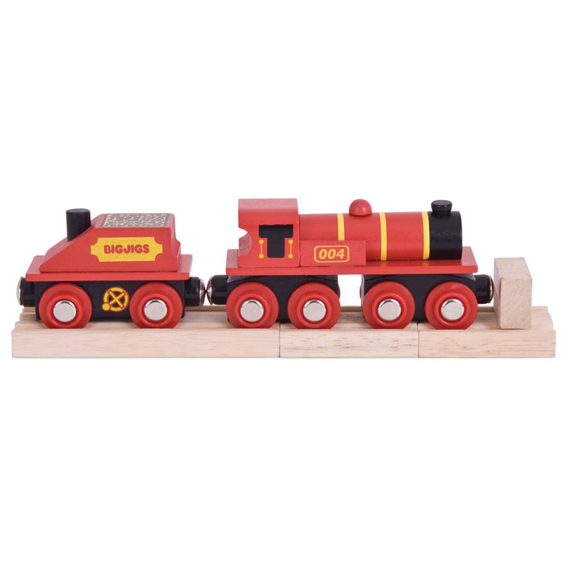 Bigjigs Rail Czerwona lokomotywa z tendrem + 3 tory