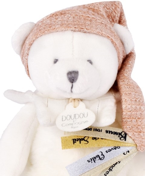 Doudou Zestaw prezentowy Pluszowy miś z uchwytem na smoczek i kocykiem różowy 20 cm - obrazek 4