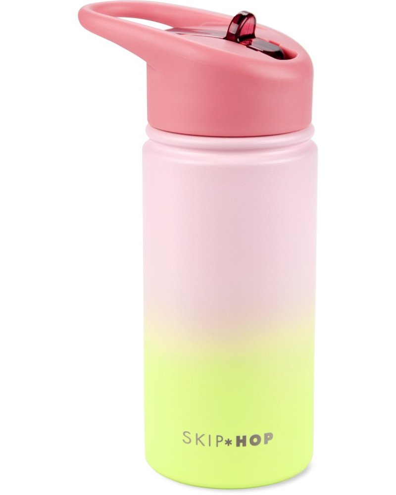 SKIP HOP Trinkflasche mit Strohhalm Edelstahl Wander - Ombré Pink, 450ml