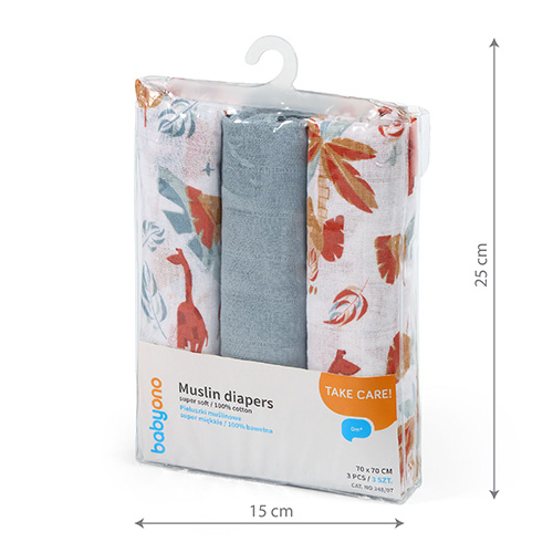 BABYONO Super Soft Muslin Diapers 3 Pcs - Blue