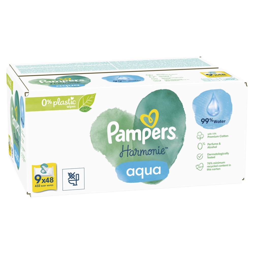 PAMPERS Ubrousky Vlhčené Harmonie Aqua Plastic Free 9x48 Ks