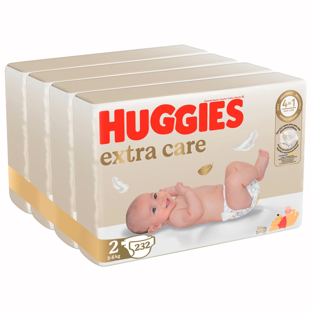 4x HUGGIES® Extra Care 2 Scutece De Unică Folosință (3-6 Kg) 58 Buc