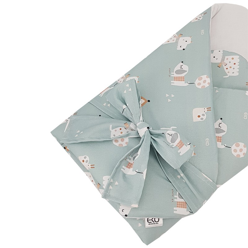 Couverture d'emmaillotage écologique en coton avec insert amovible en noix de coco et nœud Dogs Mint 75x75 cm – Image 4