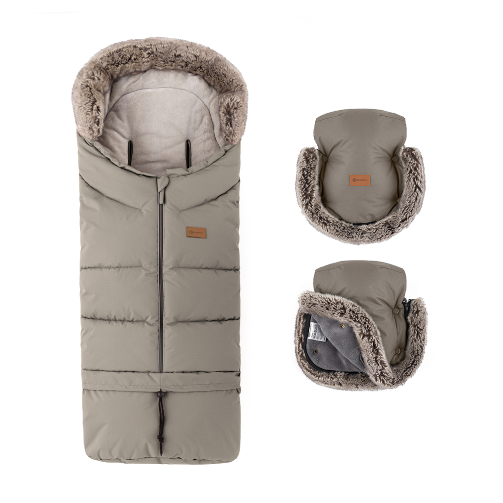 PETITE&MARS Zestaw zimowy śpiworek Arctic 4w1 + rękawice do wózka Furry Mocha Mousse