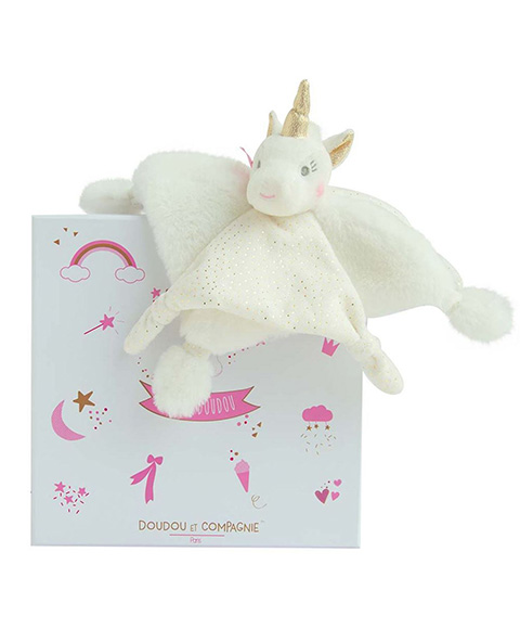Doudou Dárková sada - plyšový muchláček jednorožec 22 cm