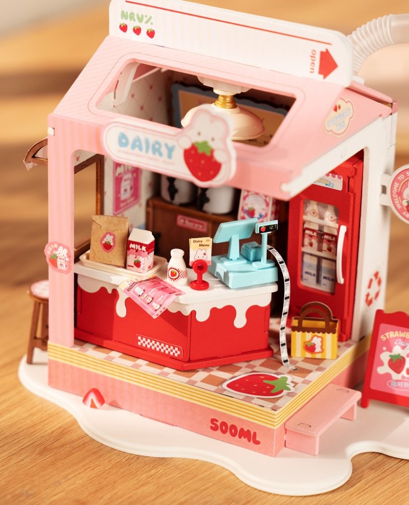 RoboTime 3D dřevěná skládačka Miniatura domečku Mléčný bar Strawberry (obrázek 3)