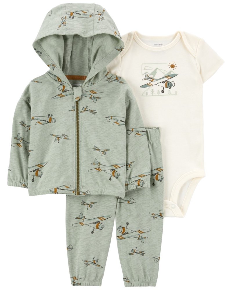 Ensemble 3 pièces CARTER'S sweat-shirt, pantalon de survêtement, body, short. Manche avion verte garçon MFL 9m/taille. 74